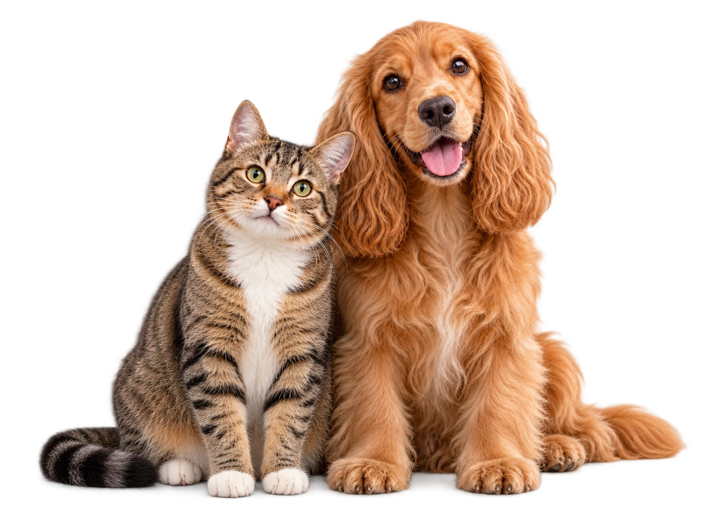A golden cocker spaniel and a tabby cat sitting together