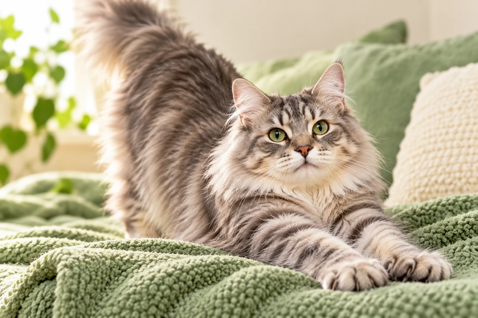 A fluffy cat stretching on a soft green blanket