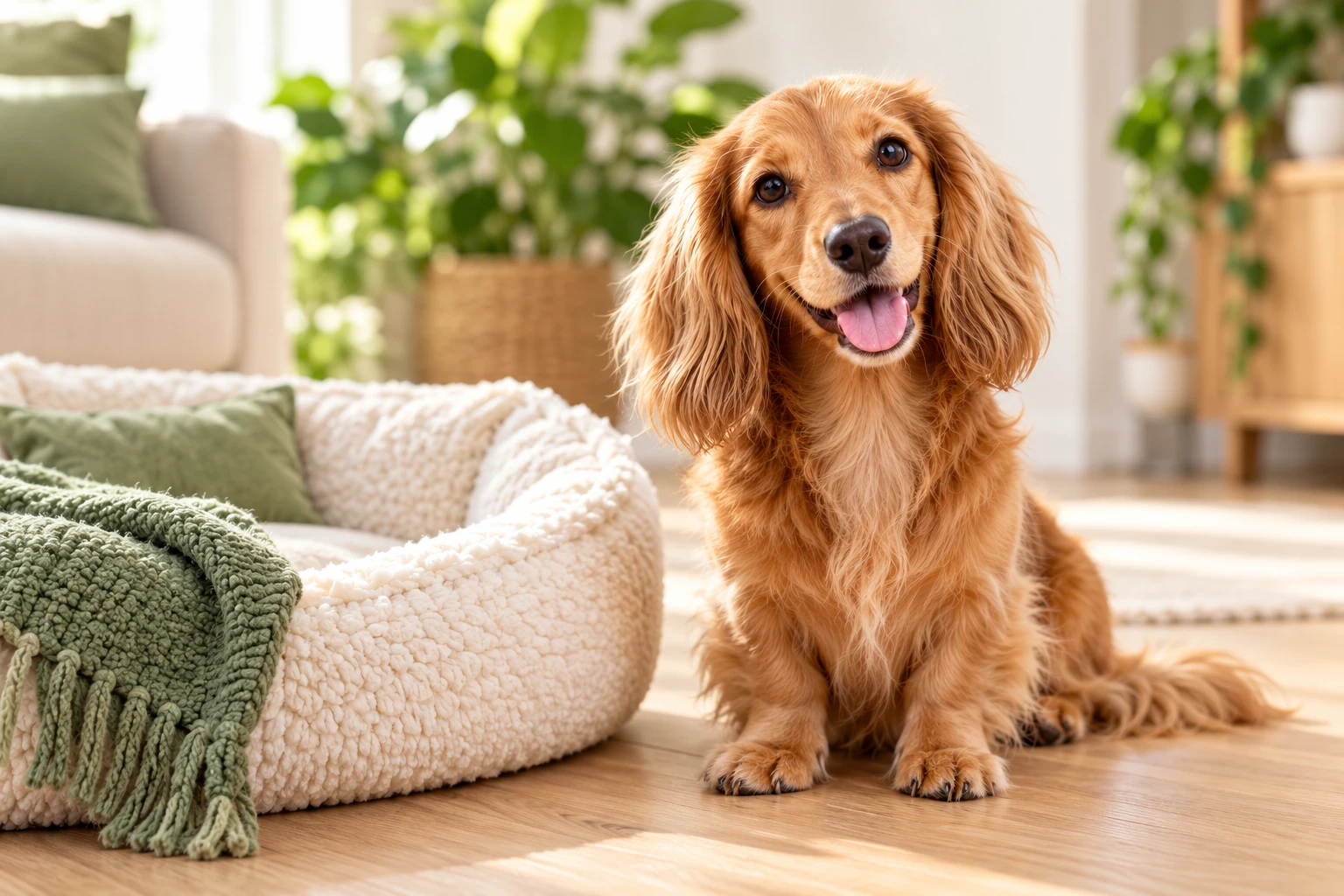 A dachshund sitting beside a cosy pet bed